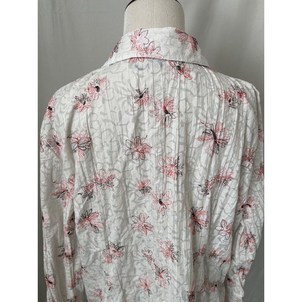 apt.9 White w/ Coral/Brown Floral Embroidered Crinkle Textured Button-up Shirt - Picture 7 of 10